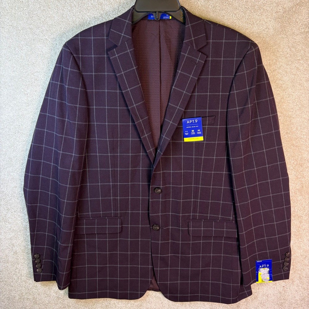 Apt. 9 Suit Jacket Mens 42L Purple Windowpane Extra Slim Fit Premier Flex Blazer
